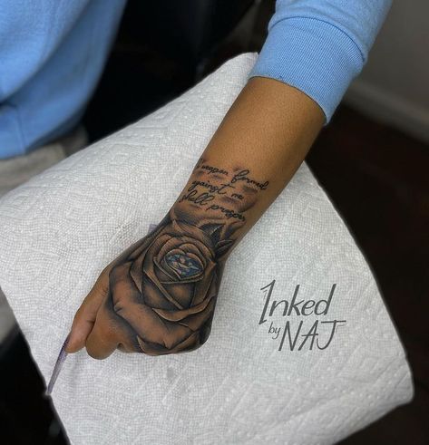 Rose And Cross Hand Tattoo, Black Hand Tattoos For Women, Brooklyn Frost Hand Tattoo, Hand Tatts For Woman, Medium Size Tattoos For Women, Dope Hand Tattoos For Women, Chocolate Tattoo, Female Hand Tattoos, Cross Tattoo On Hand