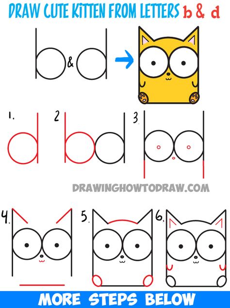 How to Draw Cartoon Baby Kitty Cat or Kitten from Letters Easy Step by Step… Baby Drawing Easy, Step By Step Drawings, B And D, Alphabet Drawing, Easy Step By Step Drawing, Word Drawings, Baby Kitty, Cat Drawing Tutorial, Cat Apparel