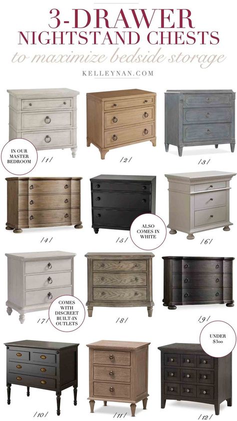 Favorite bachelor's chest three drawer nightstands to maximize bedroom storage. #bedroomdecor #nightstand #bedroomideas Bedroom Dressers As Nightstands, 36 Inch Wide Nightstand, Bachelors Chest As Nightstand, Side Dressers Night Stands Bedrooms, Modern Traditional Guest Bedroom, Bachelors Chest Nightstand, Extra Large Nightstand, Gray And Natural Wood Bedroom, Bedroom Ideas For Master Rooms