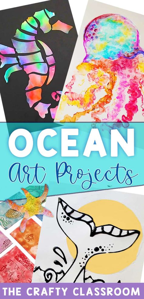 Simple yet stunning Ocean Art projects and crafts for kids. Students learn a varitey of art techniques while creating these fun and whimsical creations. Stunning Seahorse, Spiky Sea Urchin, Jammin Jellyfish, Wonderful Whale, Sandpaper Starfish and more! Ocean Kindergarten Crafts, Marine Life Crafts Preschool, Recycled Ocean Crafts, Preschool Art Techniques, Ocean Craft Kindergarten, Kids Ocean Crafts, Under The Sea Arts And Crafts, Texture Crafts For Kids, Ocean Life Art Projects For Kids