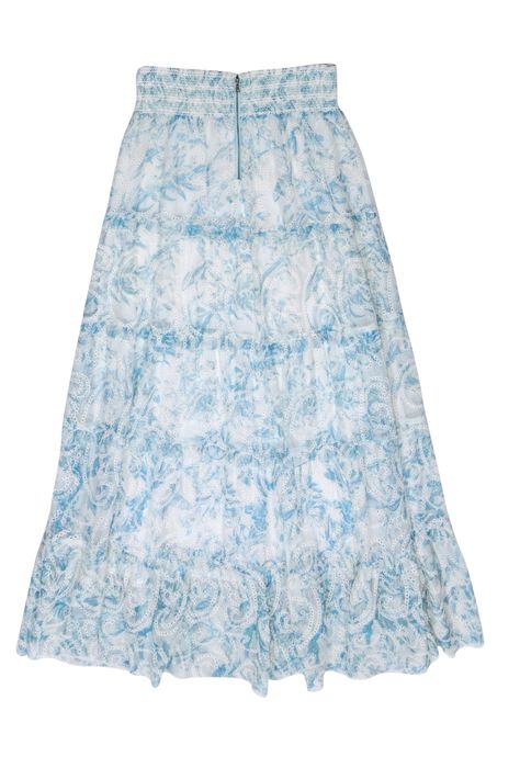 Embrace flow with this tiered maxi skirt by Alice & Olivia. A gorgeous white and blue watercolor print is is enhanced by eyelet embroidery and tiered ruffles. The smocked waist adds ease to the style for a range of movement. Keep it simple with a white ribbed tank, or add a one shoulder blouse to elevate for a daytime event. Size L 100% Polyester Fully lined Smocked waistband Zip closure Eyelet embroidery Waist 34" Total length 41" Rush Week Outfits, Summer List, Rush Week, Week Outfits, Outfit Inso, Olivia White, Eyelet Embroidery, Tiered Maxi Skirt, Model Outfits