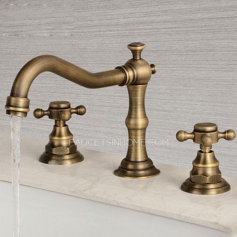 Vintage Antique Brass Three Hole Cross Handle Bathroom Faucet Brass Tapware Bathroom Vintage, Bathroom Faucets Bronze, Antique Bathroom Faucets, Antique Brass Vanity Faucet, Antique Brass Hardware Bathroom, Antique Brass Bathroom Sink Faucet, Antique Brass Faucet Bathroom, Brass Faucets Bathroom, Vintage Faucets Bathroom