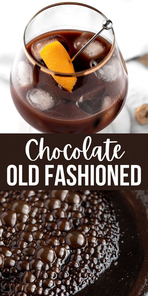 Chocolate Whiskey Drinks, Chocolate Simple Syrup, Chocolate Old Fashioned, Unique Old Fashioned Cocktail, Chocolate Old Fashioned Cocktail, Old Fashioned Recipes Cocktail, Bourbon Drinks Recipes, Homemade Chocolate Syrup, Bourbon Cocktail Recipe