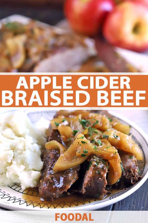 Upgrade your comfort food repertoire with tender and delicious apple cider braised beef. This slow-cooked dish features rich flavors accented by fresh apples to make for a showstopping entree. The meat just melts in your mouth with standout fall flavors! Read more now. #foodal #fallrecipes #apples #dinnerideas #beef Apple Cider Braised Brisket, Braised Beef Recipes, Steak Marinades, Progressive Dinner, Meat And Potatoes, Beef Brisket Recipes, Drink Inspiration, Fall Comfort Food, Brisket Recipes