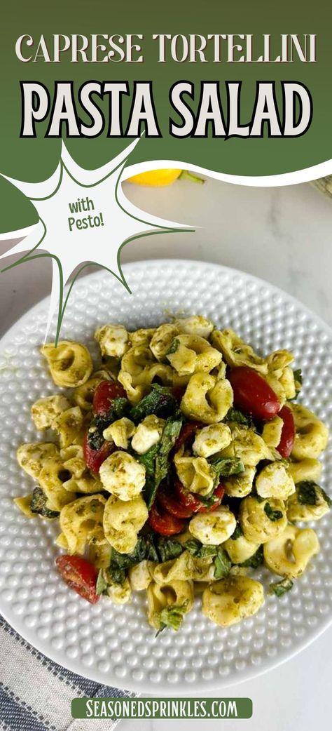 Caprese tortellini pasta salad with pesto is a fresh take on pesto pasta salad. Pillowy cheese tortellini gets tossed with lemon pesto, sweet cherry tomatoes, fragrant basil, and creamy mozzarella for a delicious cold pasta dish you'll love! #pasta #pastasalad #tortellini #tortellinipastasalad #caprese #pesto #recipe Tortellini And Pesto Recipes, Pasta Salad Pesto Cold, Caprese Tortellini, Pasta Salad With Pesto, Balsamic Chicken Pasta, Pesto Tortellini Salad, Barilla Pesto, Tortellini Pasta Salad Recipes, Pasta Salad For Kids