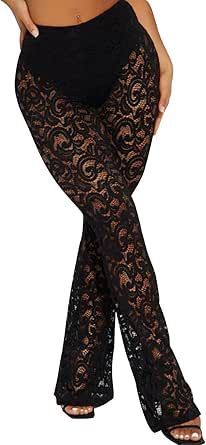 Women Sexy Black Lace Flare Pants See Through Sheer Mesh Floral High Waist Party Club Pants (No Underwear) Track Pants Outfit, Female Pants, Craft Embroidery, Night Club Outfits, Lace Pants, Fitted Blouses, Bell Bottom Pants, Bell Bottom, Type Of Pants