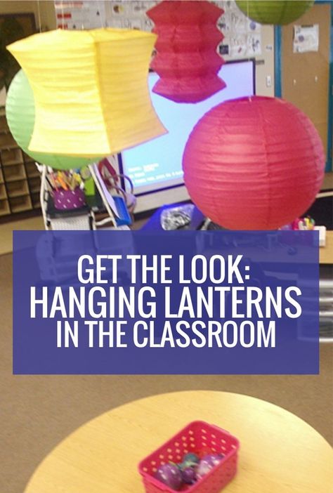 Hanging lanterns inside the classroom Classroom Ceiling Decorations, Classroom Ceiling, Preschool Organization, Table Labels, Paper Lantern Decor, Hanging Paper Lanterns, Classroom Desk, Dropped Ceiling, Middle School Classroom