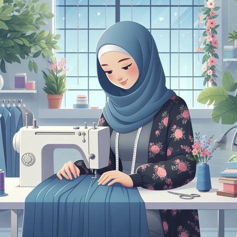 Sewing Business Logo, Muslimah Illustration, Sewing Aesthetic, Photo Anime, Diy Crafts Love, Fashion Illustration Sketches Dresses, Sewing Business, Hijab Cartoon, Sketches Dresses