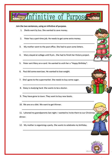 INFINITIVE OF PURPOSE - English ESL Worksheets Infinitive Of Purpose Worksheets, Infinitive Of Purpose, Infinitives Grammar, Thanksgiving Math Kindergarten, Finish The Picture, November Math, Math Kindergarten, English Grammar Exercises, Kindergarten Skills