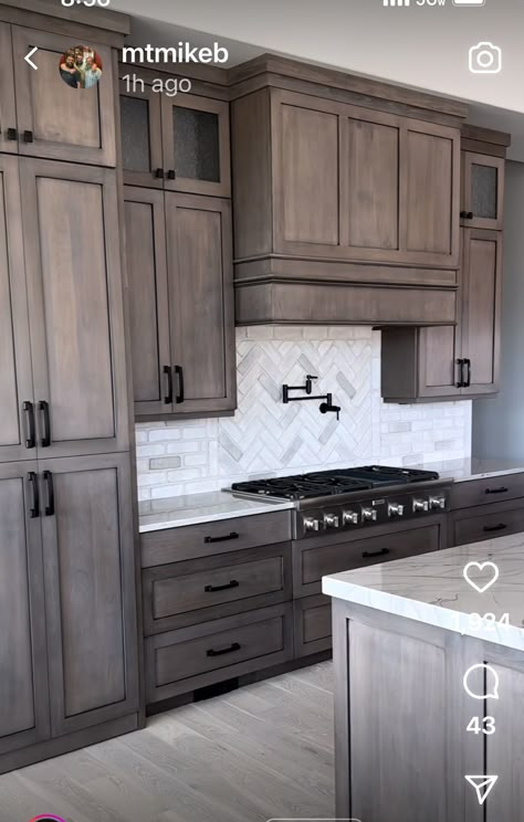 Granite For Dark Cabinets, Medium Dark Kitchen Cabinets, Stained Grey Kitchen Cabinets, White And Brown Farmhouse Kitchen, Grey Stain Kitchen Cabinets, Ash Brown Kitchen Cabinets, Solid Kitchen Backsplash, Kitchen Cabinets Stained Wood Colors, Cabinet Stains Kitchen Colors