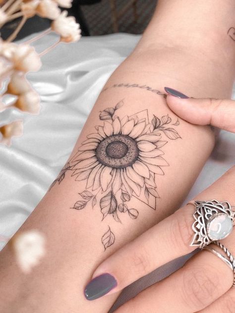 Sunflower Tattoo Forearm Simple, Boho Sunflower Tattoo, Fine Line Sunflower Tattoo Forearm, Mirco Tattoos, Mexican Tattoo Ideas For Women, Woman Tattoo Ideas Arm, Dream Catcher Arm Tattoo, Sunflowers Tattoo Ideas, Sunflower Arm Tattoo Half Sleeves