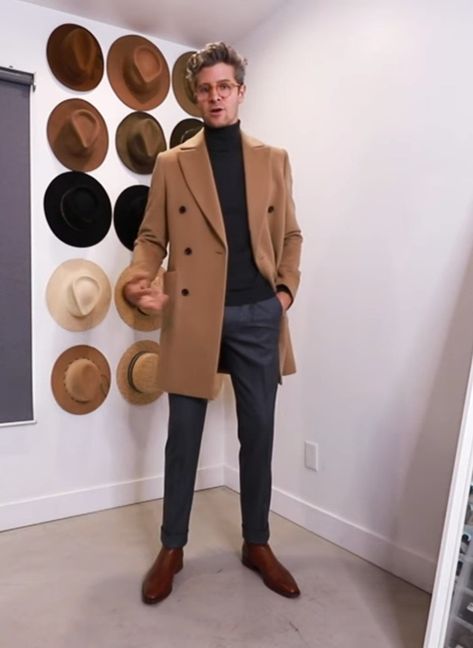 Mens Tan Overcoat Outfit, Khaki Overcoat Men, Coat And Turtleneck Outfit Men, Mens Brown Coat Outfit, Beige Overcoat Men Outfit, Brown Peacoat Outfit Men, Brown Overcoat Men Outfit, Fedora Outfit Men, Brown Turtleneck Outfit Men