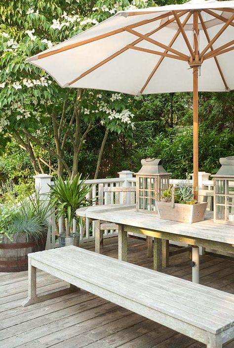 A bright and airy beach cottage in the Hamptons Hamptons Cottage, Have Inspiration, Hamptons House, Outdoor Inspirations, Cottage Design, Patio Umbrellas, Deck Decorating, A Picnic, Patio Ideas