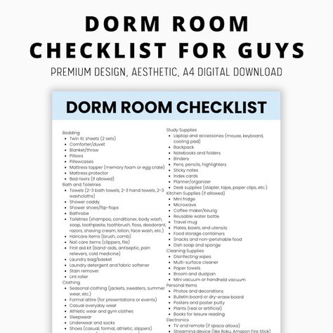 2024 College Packing List for Guys, Dorm Room Essentials for Him, 2024 College Dorm Supplies, University Packing List for Male - Etsy Canada College Dorm Checklist For Guys, University Packing List, Dorm Room List, College Packing List, Guy Dorm, Dorm Packing, College Dorm Supplies, Dorm Room Essentials List, College Dorm Checklist