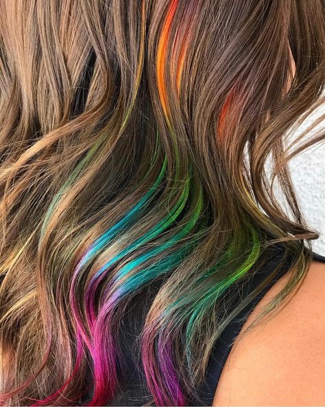 Colour Slices In Hair, Brunette With Rainbow Highlights, Aura Hair Color, Bright Colored Peekaboo Highlights, Bold Color Highlights Hair, Brown Hair With Rainbow Underneath, Light Brown Hair With Colorful Highlights, Prism Highlights Hair, Fun Hair Color Ideas For Brunettes Ombre Dip Dye