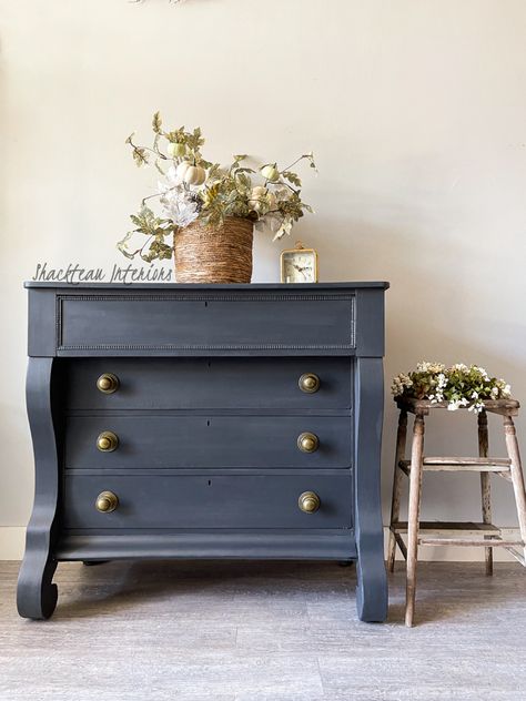 Just listed! This eye-catching Antique Empire Dresser is the perfect statement piece for any bedroom. Handcrafted from solid wood, this dresser has a unique antique empire style and is painted in a charcoal hue for a timeless look. Bring a touch of vintage charm to your home. It is painted with Shackteau Interiors Milk Paint in Quarry and has antique brass knobs. It measures 41 1/4 inches wide 19 1/2 inches deep 37 3/4 high. Navy Furniture, Waverly Chalk Paint, Antique Hutch, Navy Paint, Large Dresser, Baby Dresser, Beautiful Dresser, Red Stain, Painted Dresser