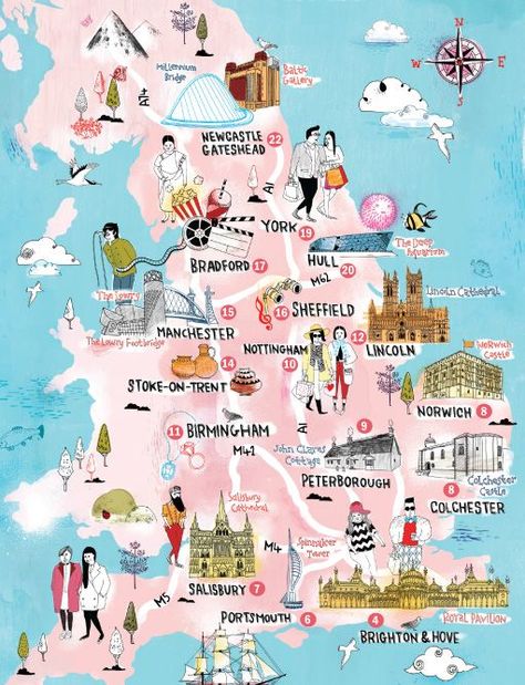 16 things to visit in 16 cities in England – Now. Here. This. – Time Out London Cities In England, Map Of England, London Travel Guide, Visiting England, Voyage Europe, Things To Do In London, England And Scotland, Summer Bucket Lists, Illustrated Map