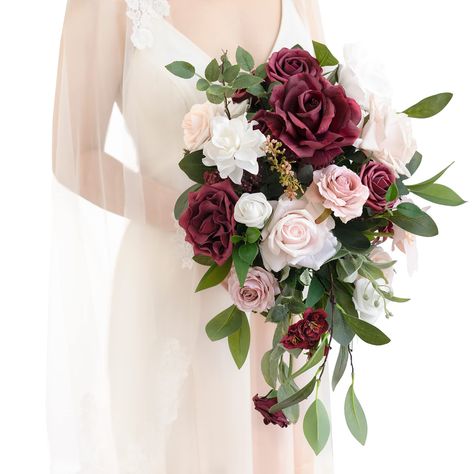 PRICES MAY VARY. Package: An 11" bride bouquet with 3 ribbons wrapped on a card. The bouquet is approx. 11" wide by 13" tall (includes greenery), and 3.25ft long, with white, dusty rose, and blush chiffon ribbons. Material: Made of high-quality silk/foam flowers and silk greenery. Silk flowers include blush Vendela rose, blush lifelike rose, marsala ranunculus, and marsala Dandelion; Foam flowers include white rosebud, marsala rosebud, white rose, marsala rose, blush rose, white Gardenia, marsal Marsala Wedding Bouquet, Tossing Bouquet, Bouquets For Wedding, Burgundy Wedding Flowers, Artificial Bridal Bouquets, Elegant Wedding Bouquets, Burgundy And Blush Wedding, Cascading Bridal Bouquets, Red And White Weddings