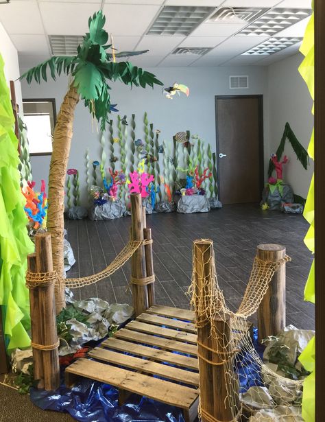 Beach Theme Entryway, Diy Island Party Decorations, Adventure Theme Party Decorations, Thunder Island Vbs Decorations, Island Theme Decorations, Island Getaway Prom Theme, Treasure Island Decorations, Neverland Backdrop, Thunder Island Vbs 2024