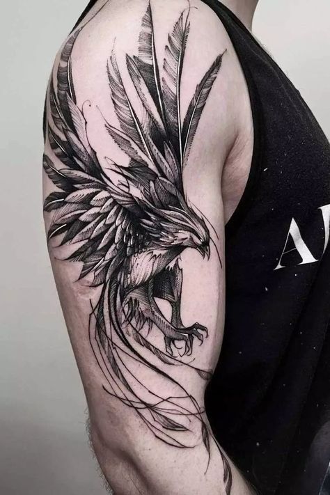 Phoenix Bicep Tattoo, White Phoenix Tattoo, Black And White Phoenix Tattoo, Feniks Tattoo, Chest Tattoo Flowers, Phoenix Tattoo Men, Phoenix Tattoo For Men, Meaningful Tattoo Ideas, Barcode Tattoo