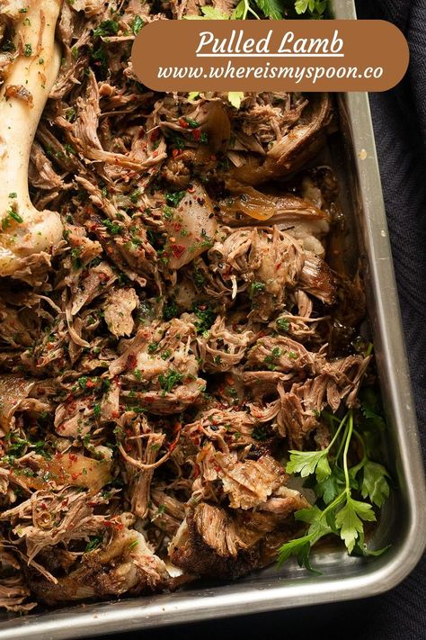 Delight in succulent pulled lamb shoulder, oven-cooked to perfection! Marinated in flavorful spices and simmered in beer for an extra kick. #whereismyspoon #PulledLamb #OvenCooking #EasyRecipes #FlavorfulMeals #SlowCooked #HomeCooking #LambRecipes #DeliciousDinners #MealPrep #CookingTips #FamilyFavorites #TenderMeat #FoodieFinds #WeeknightMeals #EasterFeast Pulled Lamb Recipes, Pulled Turkey Recipes, Lamb Shanks Slow Cooker, Pulled Lamb, Smoked Lamb, Lamb Salad, Leftover Lamb, Lamb Ragu, Cream Of Asparagus Soup