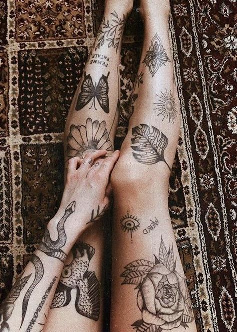 Random Leg Sleeve Tattoo, Feminine Patchwork Leg Tattoo, Tiny Tattoo Leg Sleeve, Patch Work Tattoo Legs Women, Womens Patchwork Leg Tattoo, Cottagecore Leg Tattoo, Tattoos Nature Earthy, Leg Sticker Sleeve, Patchy Leg Tattoo Sleeve