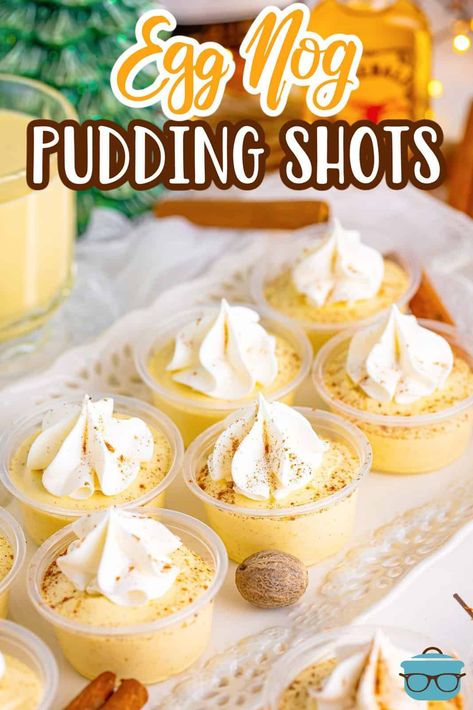 Egg Nog Shots Alcohol, Egg Nog Pudding Shots Recipe, Eggnog Shots Recipe, Eggnog Shots, Eggnog Pudding Shots, Eggnog Pudding, Holiday Themed Desserts, Pudding Shot Recipes, Friendsmas Party