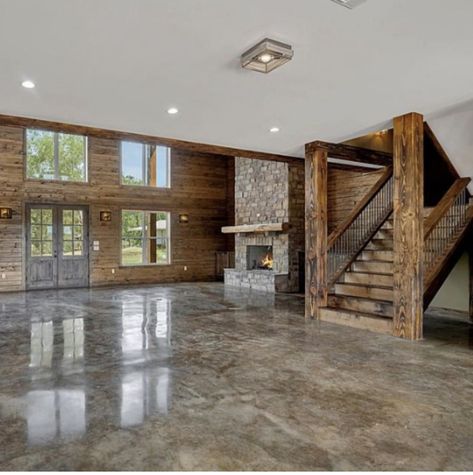 Shop House Concrete Floor, Modern Rustic Concrete Floors, Barndo Concrete Floors, Barndominium Polished Concrete, Barndominium Cement Floors, Rustic Concrete Floors, Rustic Barndominium Interior, Stained Concrete Floors Farmhouse, Build Barndominium