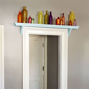 Over Doorway Decor, Doorway Shelves, Shelf Above Doorway, Above Door Shelf, Bathroom Window Ledge, Above Doorway Decor, Over The Door Shelf, Window Ledge Decor, Colorful Bottles