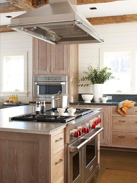 Kitchen Layout With Island, Island With Stove, Kitchen Island With Stove, Small Kitchen Island Ideas, Kitchen Layouts With Island, Island Countertop, Oak Beams, Kitchen Vent Hood, Kitchen Island On Wheels