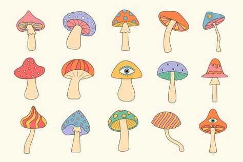 Groovy Hippie Mushroom Set. Psychedelic hallucinogenic fantasy mushrooms. Linear color vector illustration. Hallucinogens Art, Mushroom Illustration, Mushroom Graphic, Mushroom Drawing, Color Vector, Bullet Journal Inspiration, Journal Inspiration, Vector Art, Vector Free