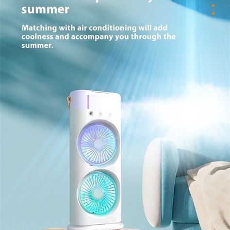 Double-ended Spray Fan Portable Humidifier Fan Air Conditioner Household Small Air Cooler Hydrocooling Portable Air Adjustment Overview: Double-headed fan Three wind speeds Colorful ambient light Humidifying spray Shake head air supply Available for charging and plugging Product information: Noise: 45-50dB (included) Power type: USB Color: White Whether to use USB: Yes Motor type: brushed motor Fan blade material: Plastic Additional features: Remote control shaking head Number of blades: 3... Portable Humidifier, Fan Portable, Air Supply, Air Cooler, Fan Blades, Fan Speed, Ambient Light, Air Conditioner, Ambient Lighting