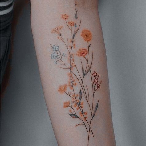 Fine Line Flower Tattoo With Color, Fine Line Flower Tattoo Color, Fine Line Colour Tattoo, Colored Fine Line Tattoo, Fine Line Color Tattoo, Lily Pad Tattoo, Creature Tattoo, Flowers Tattoos, Wildflower Tattoo