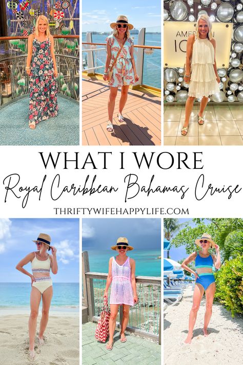 What I wore on a royal caribbean bahamas cruise pinterest collage Outfits To Wear In Bahamas, Cruise Outfits Royal Caribbean, Cruise 2025 Fashion, Cococay Bahamas Outfit, Caribbean Vacation Capsule Wardrobe, Cruise Wardrobe Caribbean, Winter Cruise Outfits Bahamas, Cruise Capsule Wardrobe Bahamas, Eastern Carribean Cruise Outfits