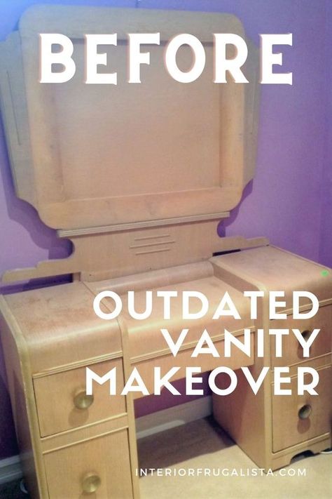 Redoing Vanity Makeup, Vanity Table Makeover, Old Vanity Ideas Repurposed, Art Deco Vanity Bathroom, Waterfall Vanity Makeover Vintage, Antique Vanity Makeover Diy, Turn Desk Into Makeup Vanity, Art Deco Vanity Makeover, Painted Vanity Makeup