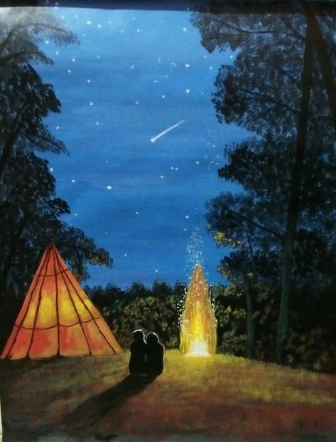 Tent Painting On Canvas, Night Camping Painting, Simple Camping Painting, Colorado Painting Easy, Cabin In The Woods Painting Easy, Camping Scene Drawing, Watercolor Camping Scene, Outdoorsy Paintings, Camping Painting Ideas