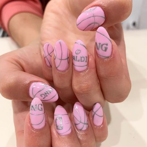 Pink basketball 🏀 💕 @summerstewart #nailsbymei #handpainted 🏀🏀🏀🏀🏀 Basketball Nail Designs, Basketball Nails, Sports Nails, Pink Basketball, Peach Nails, Hard Nails, Cute Simple Nails, Edgy Nails, Almond Nails Designs