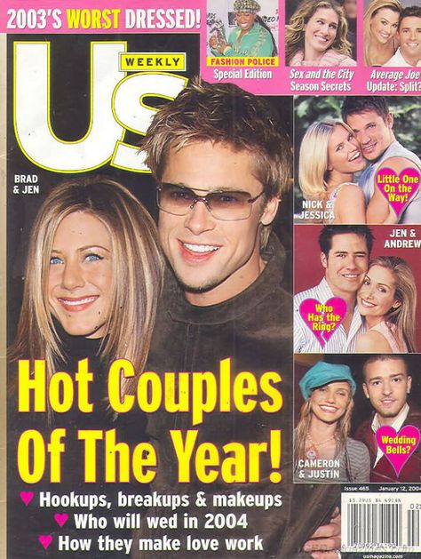 Jen And Brad, 00s Party, Nick And Jessica, Jd And Veronica, 2000s Magazines, Brad And Jen, 90s Teen, Yearbook Covers, Travel Poster Design