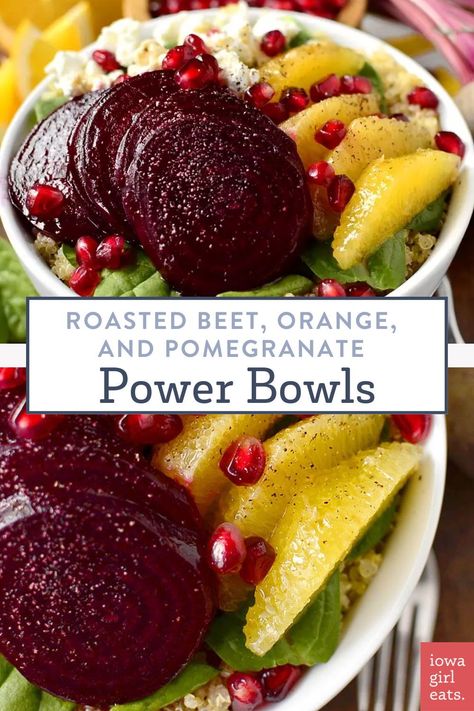 Roasted Beet, Orange, and Pomegranate Power Bowls will power you through your day. Packed with vibrant, good-for-you ingredients! Beet Power Bowl, Chicken Power Bowls, Baked Garbanzo Beans, Bowl Healthy Recipes, Protein Packed Lunch, Side Salad Recipes, Power Bowl, Keto Salad, Beautiful Salad