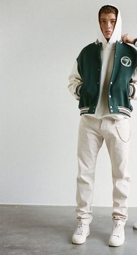 Varsity Jacket Aesthetic Boy, Green Varsity Jacket Outfit Men, Baseball Jacket Outfit Men, Men Astethic Outfits, University Jacket Outfit, University Outfit Men, Green Varsity Jacket Outfit, Varsity Jacket Outfit Mens, Varsity Jacket Aesthetic