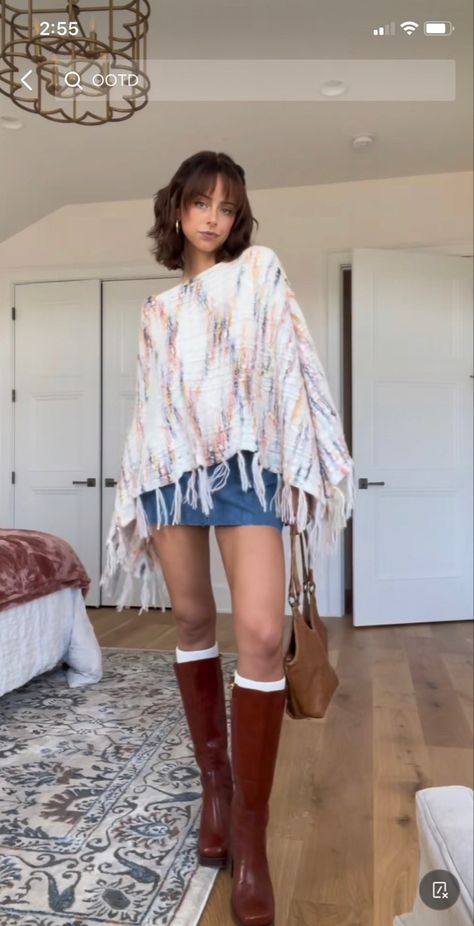 Multicolored Skirt Outfit, Styling Poncho Outfit, Long Skirt Chunky Sweater, Outfit With Poncho, Talk Brown Boots Outfit, Red Brown Boots Outfit, Poncho And Skirt Outfit, Styling A Poncho Outfit, Poncho Aesthetic Outfit