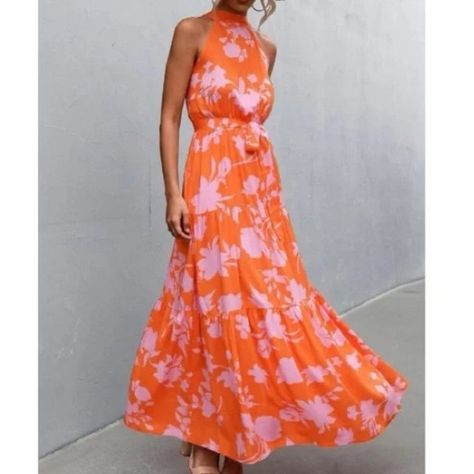 orange pink boho floral halter belted maxi dress Orange Floral Dress Long, Orange Retro Summer Maxi Dress, Orange Floral Beach Dress, Summer Floral Print Orange Maxi Dress, Orange Floral Print Halter Neck Maxi Dress, Orange Bohemian Floor-length Maxi Dress, Boho Orange, Belted Maxi Dress, Coachella Dress