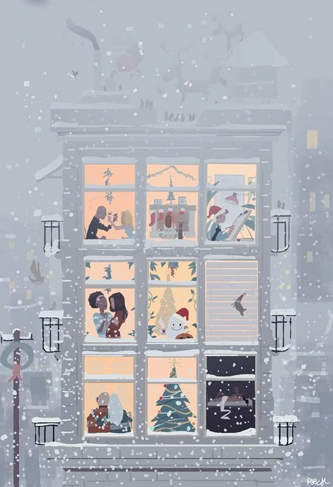 Christmas Illustration Wallpaper Desktop, Christmas Market Illustration, Ako Kresliť, Winter Wallpapers, Pascal Campion, Winter Designs, Snowy Scene, Christmas Illustrations, Winter Illustration