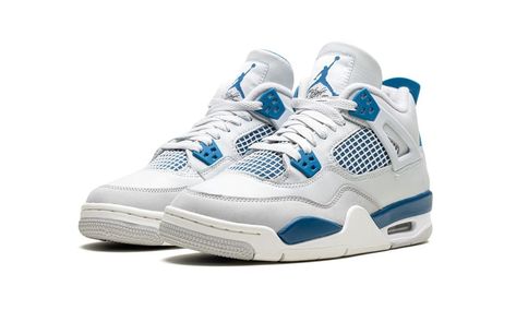 The Air Jordan 4 GS "Military Blue" is the youth sizing of an original colorway of Michael Jordan’s fourth signature shoe that was re-released in May 2024.  The Jordan 4 “Military Blue” is one of the retro basketball sneaker’s original colorways, and one of its rarest, too.  The style was only released twice before, in 1989 and 2006, until it was brought back in 2024.  The modern version of the “Military Blue” remains faithful to the original look, in that it features the same shape, color block Air Jordan 4 Military Blue, Military Blue 4s Outfit, Blue Jordan 4’s, White And Blue Jordans, Jordan 4s Blue, Air Jordan 4 Retro Blue, Shoes Jordan 4s, Jordan Fours, Jordan 4 Blue