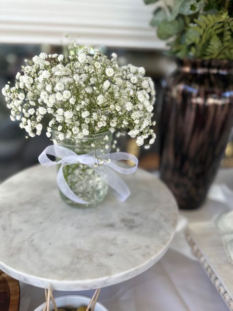 Babybreath Centerpiece for Baptism | Angelic | Centerpice | Simple | Elegant Simple Wedding Centerpieces, Baby Breath, Bridal Inspo, Baby's Breath, Simple Weddings, Wedding Centerpieces, Wedding Bridal, Flower Arrangements, Table Decorations