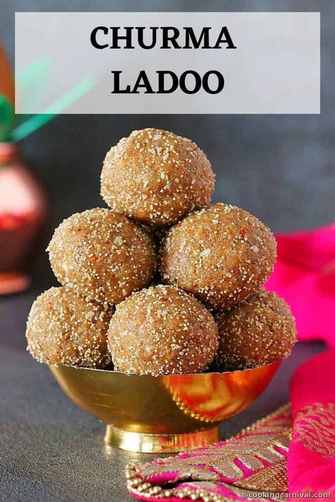 Gujarati and Rajsthani sweet, Chutma Ladoo is made with whole wheat flour, Jaggery, Ghee, and Cardamom powder. Gujaratis also call this Churma Na Ladwa! These ladoos are made during a festival time like Ganesh Chaturthi, Holi, Diwali, etc. They are often served with traditional Rajasthani Daal Baati and Gujarati thali, Urad daal, rice, Bateta nu Shaak, and puri! These are very healthy, and kids friendly. #churmaladoo #churmanaladwa #ganeshchaturthisweet #indiansweet #dessert #indian Daal Baati, Churma Ladoo, Dessert Indian, Gujarati Thali, Vegetarian Instant Pot, Eggless Desserts, Indian Dessert Recipes, Vegetarian Snacks, Indian Sweet