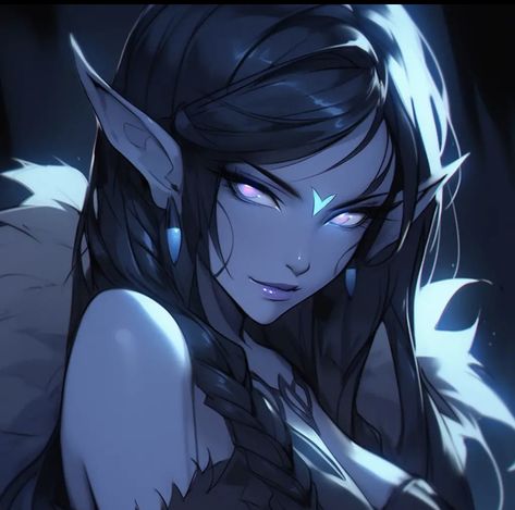 Dark Elf Anime, Drow Female Art, Dragon Woman Art, Anime Elf Woman, Dark Elf Character Design, Elf Ears Drawing, Elf Pfp, Dark Elf Female, Gothic Elf