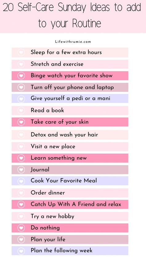 Self care ideas Weekly Todo List Ideas, How To Self Care, Self Care Aesthetic Ideas, Daily Routine Habits, Sunday Ideas, Sunday Routine, New Things To Try, Self Care Ideas, Self Care Bullet Journal