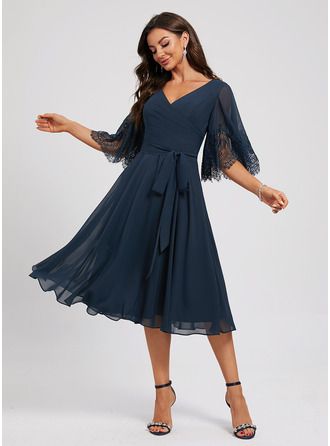 Navy Chiffon Dress, Knee Length Lace Dress, Lace Sash, Knee Length Cocktail Dress, Chiffon Lace Dress, V Neck Cocktail Dress, A Line Cocktail Dress, Chiffon Cocktail Dress, Dress With Sleeves