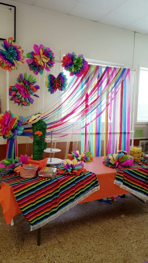 Backdrop and cake table Encanto Cake Table, Encanto Cake Table Decor, Encanto Birthday Table Decor, Birthday Cake Table Ideas, Encanto Birthday Party Backdrop, Encanto Backdrop Ideas, Encanto Birthday Cake, Little Senorita Baby Shower Decorations, Cake Table Ideas